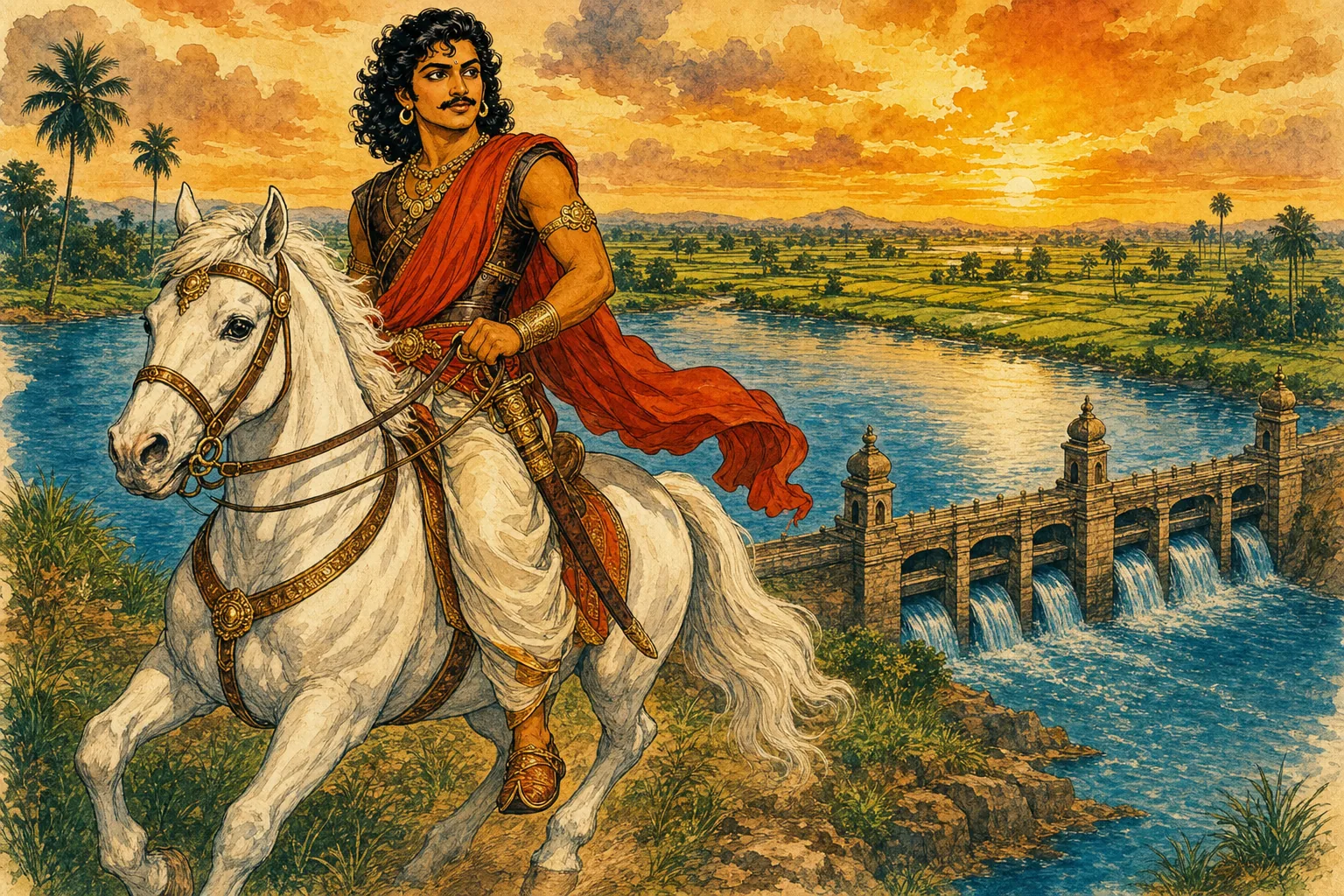 Vintage comic illustration: the warrior Vandiya Devan, in gold-accented leather armor and a red-orange silk sash, rides a white stallion along the grassy banks of the vast Veera Narayana Lake at sunset, ripples cascading over stone floodgates into emerald rice fields.