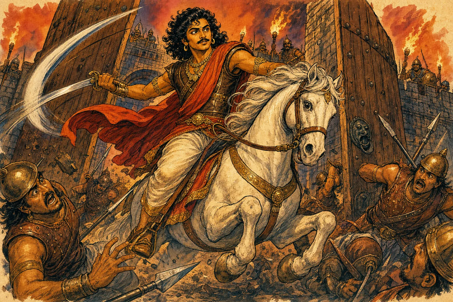 Vintage comic illustration: Vandiya Devan on a rearing white horse charges through the massive wooden gates of Kadamboor Fort, his sword flashing in a sweeping arc as guards in bronze helmets scatter and lances clatter to the ground under burning torches.