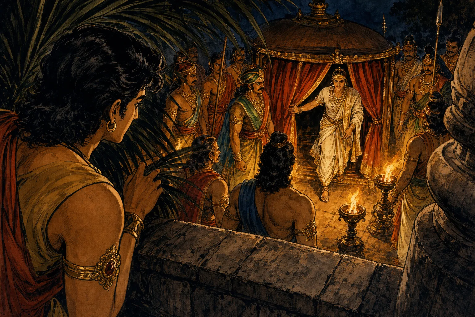 Vintage comic illustration: at night, Vandiya Devan peers down from a terrace through palm fronds as chieftains gather around oil lamps and Prince Madurandaka steps out of a curtained palanquin into torchlight.