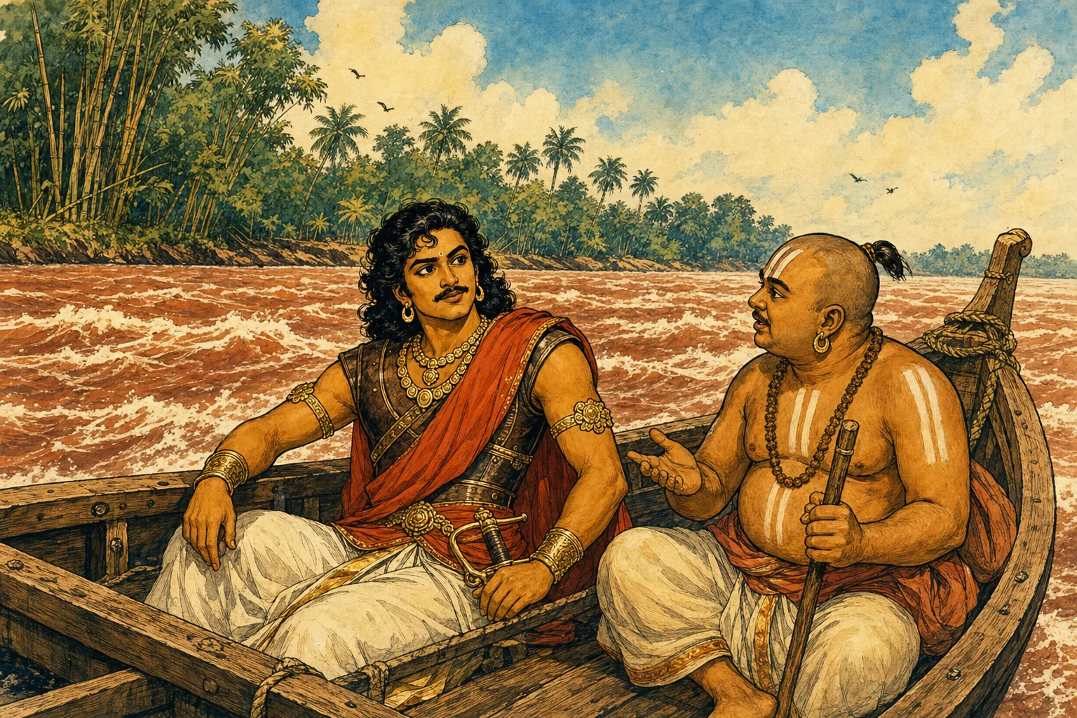 Vintage comic illustration: a wooden ferryboat crosses the wide, turbulent reddish waters of the Kollidam as Vandiya Devan sits conversing with the stout, topknotted Vaishnava spy Alvar-adiyan Nambi, bamboo groves and coconut palms lining the far shore.