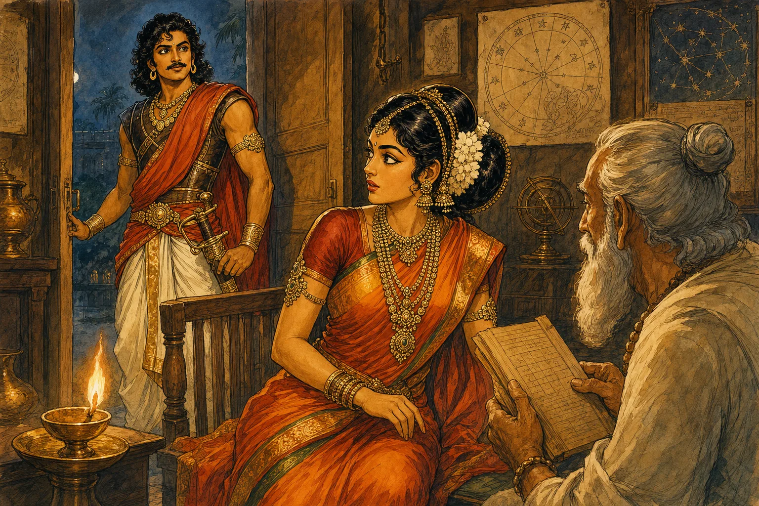 Vintage comic illustration: Vandiya Devan freezes at the threshold of the Kudanthai astrologer's lamplit parlor as Princess Kundavai, in royal silk and gold Kasumalai necklaces, turns toward him in surprise, the old astrologer holding a palm-leaf horoscope nearby.