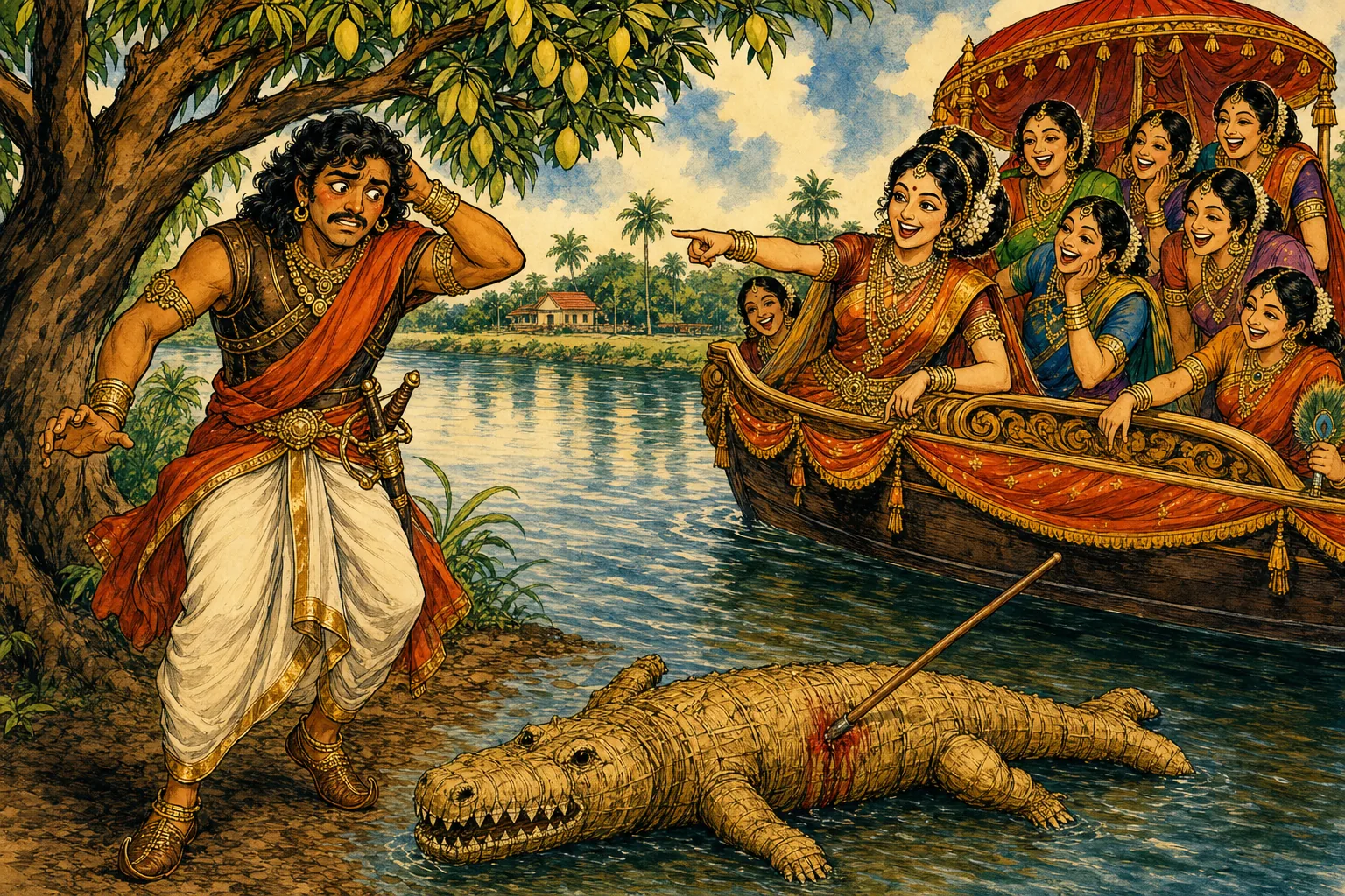 Vintage comic illustration: on a mango-shaded riverbank, a cringing Vandiya Devan claps a hand to his head as noblewomen in an ornate boat burst out laughing and Princess Kundavai points at the straw-stuffed crocodile pierced by his spear in the water.