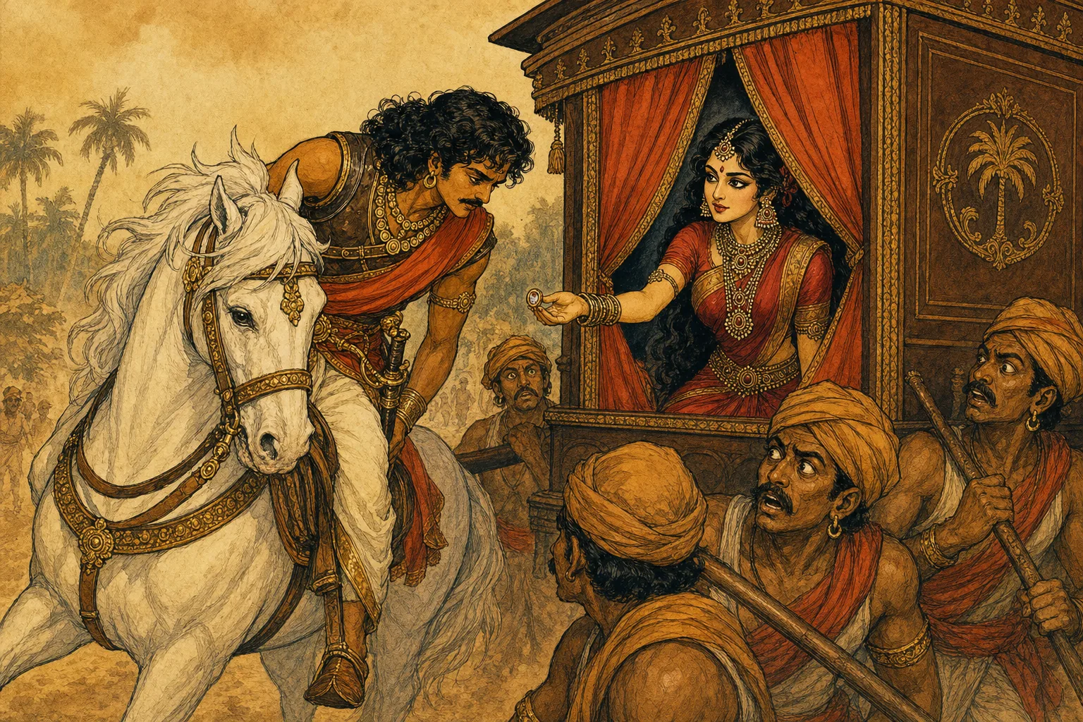 Vintage comic illustration: on a dusty highway, Vandiya Devan bows low beside a stopped palanquin bearing the palm-tree emblem as Nandini Devi parts the silk curtains and extends a carved ivory signet ring from within.
