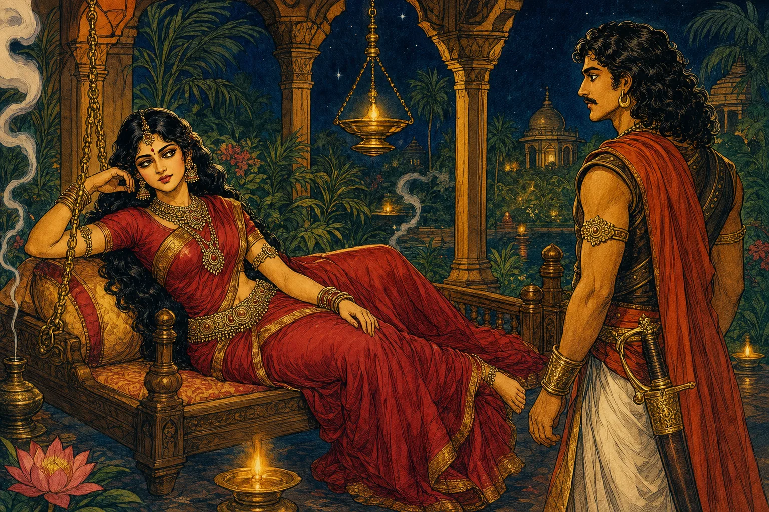 Vintage comic illustration: in a night garden gazebo lit by golden lamps, Nandini in a crimson silk sari reclines on a swinging wooden couch while a spellbound but wary Vandiya Devan stands before her amid wisps of incense smoke.