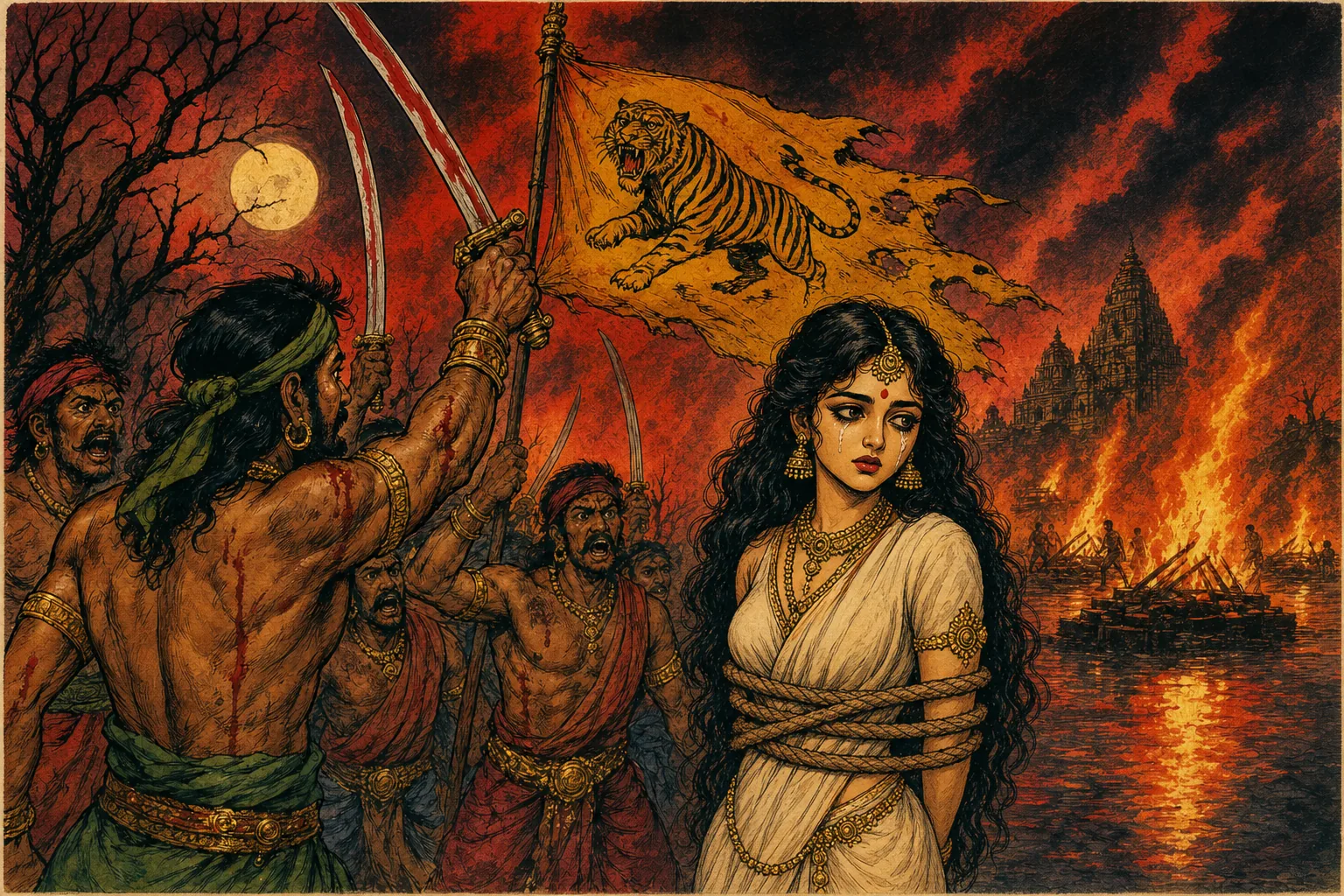 Vintage comic illustration: beside blazing funeral pyres under a blood-red sky and full moon, wild-eyed Pandiya conspirators raise blood-stained blades around a torn tiger flag while a young Nandini, bound with ropes in a white mourning sari, weeps.