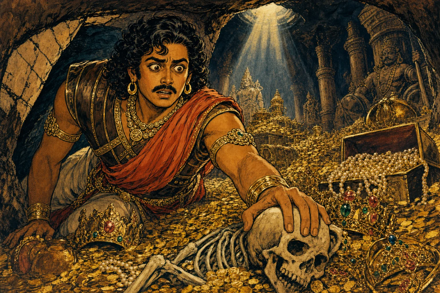 Vintage comic illustration: in the underground vault of Tanjore, Vandiya Devan crawls across a sea of gold coins, his outstretched hand landing on a human skull beside a half-buried skeleton, jewelled crowns and chests of pearls glinting under a pale shaft of light.