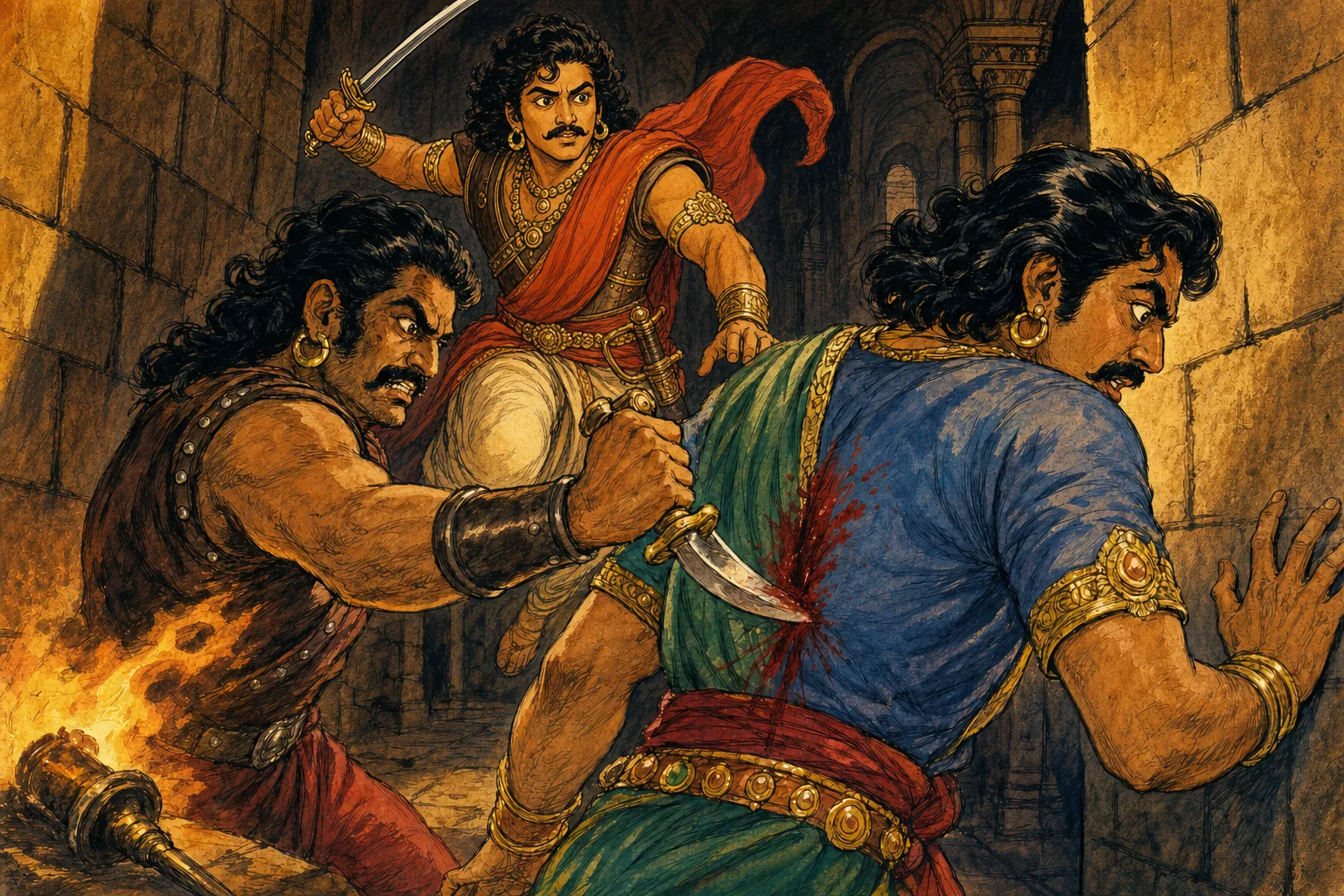 Vintage comic illustration: in a narrow granite corridor lit by a dropped torch, a treacherous guard plunges a curved dagger into Kandamaran's back as Vandiya Devan lunges from the amber shadows with his sword drawn.
