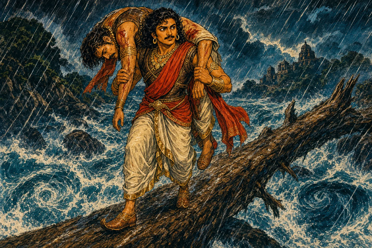 Vintage comic illustration: in lashing rain, a soaked Vandiya Devan carries his unconscious friend over his shoulder across a slippery fallen tree trunk spanning a violent river of white rapids and dark whirlpools.