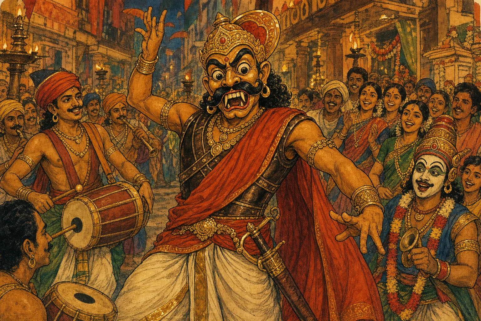 Vintage comic illustration: amid a lamplit street festival, Vandiya Devan dances in a grotesque wooden mask of the Demon King Kamsa with a giant black mustache and white fangs, while costumed actors drum and festive crowds clap and laugh.