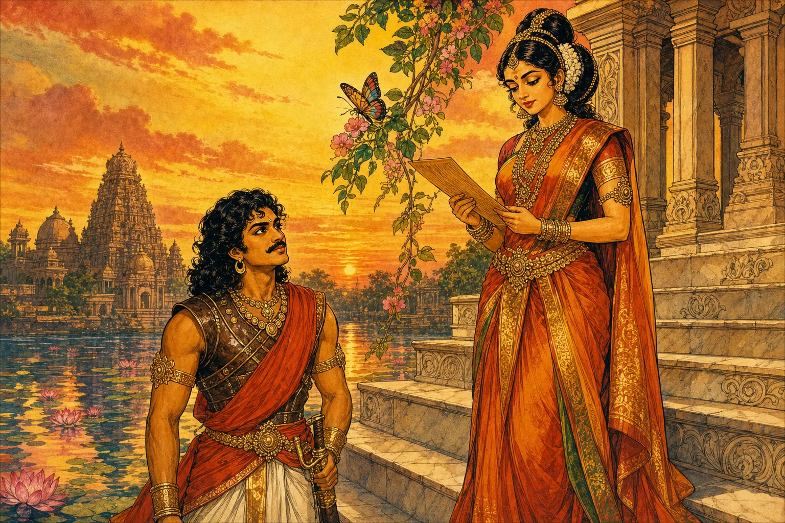 Vintage comic illustration: on the marble steps of a lotus-filled lake at golden sunset, Princess Kundavai reads a palm-leaf letter while Vandiya Devan looks up at her in adoration, a butterfly resting on a flowering creeper between them.