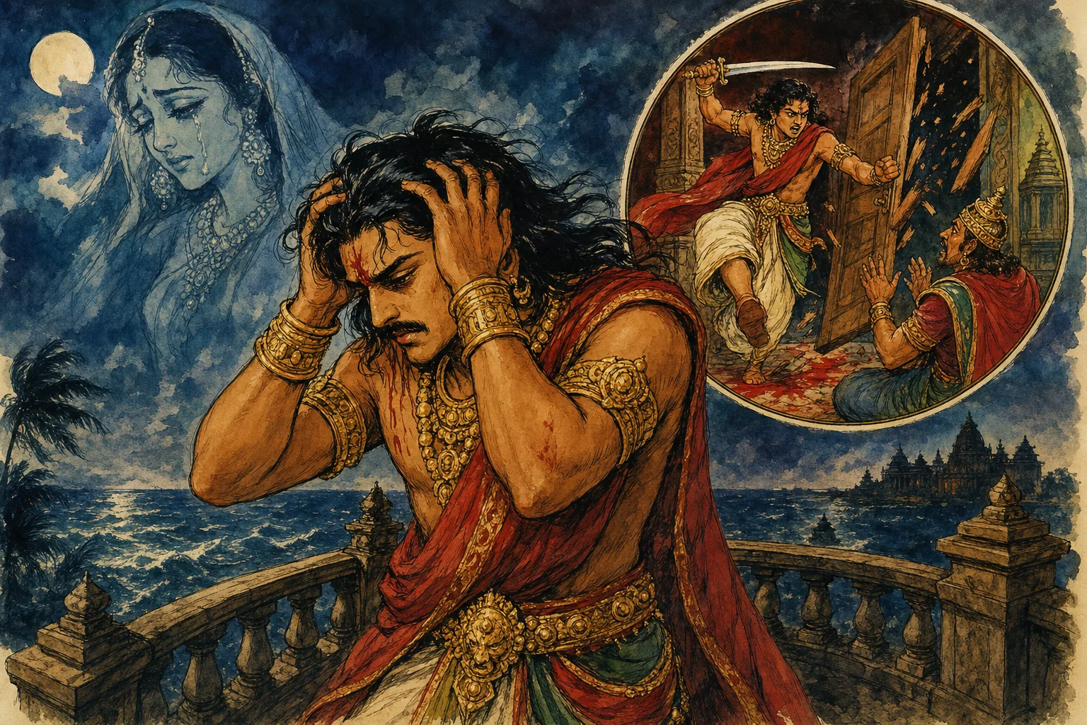 Vintage comic illustration: on a windswept stone terrace above a dark sea at night, the tormented Prince Aditya Karikala clutches his chest beside his friend Parthiban while a ghostly weeping face of Nandini forms in the clouds above.
